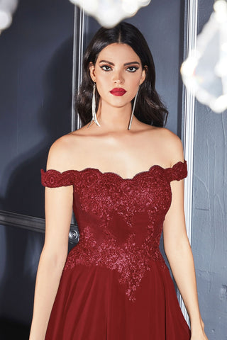 Off The Shoulder Lace Bodice Gown With Flowy Chiffon Bottom And Leg Slit In Lining.-0