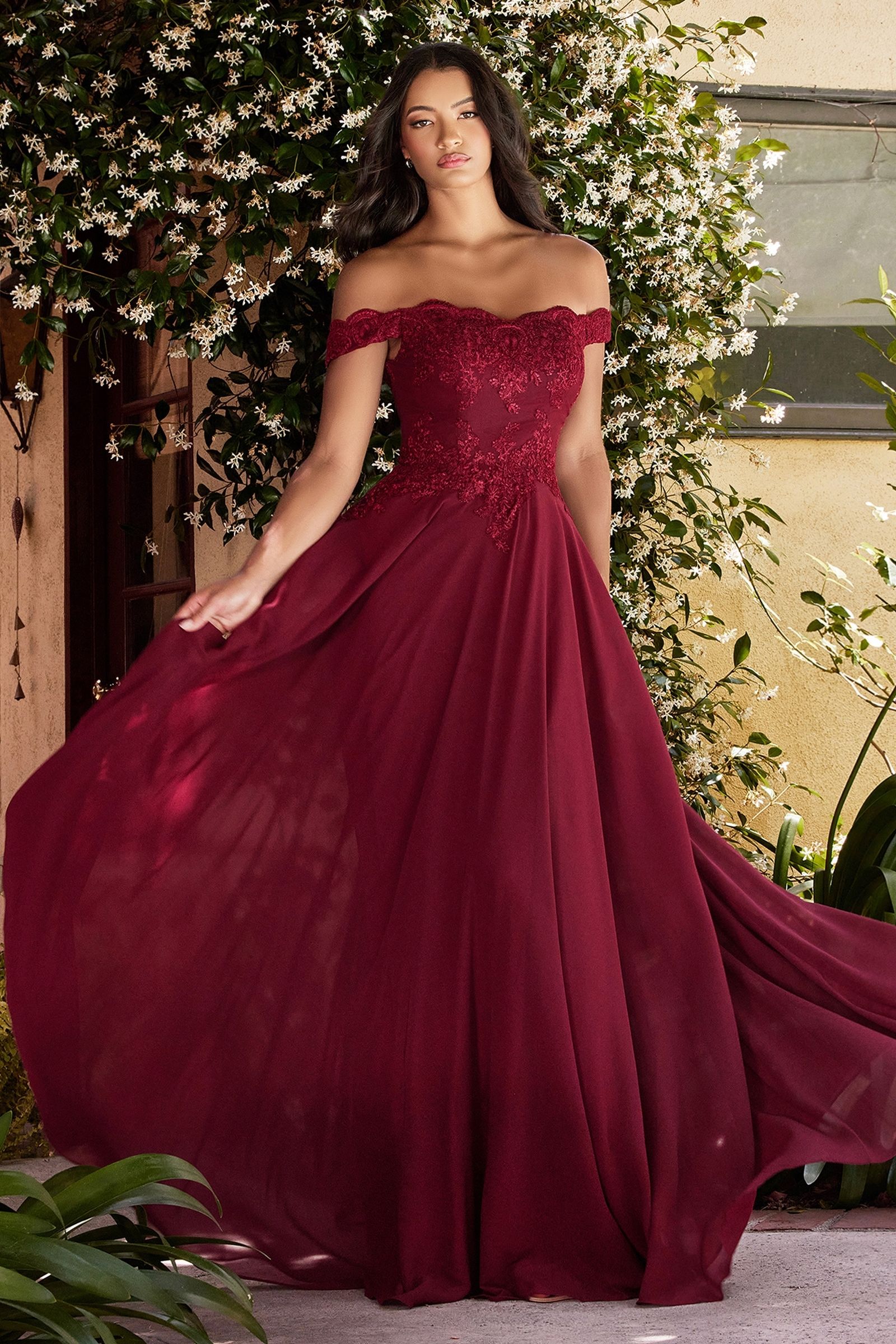 Off The Shoulder Lace Bodice Gown With Flowy Chiffon Bottom And Leg Slit In Lining.-2