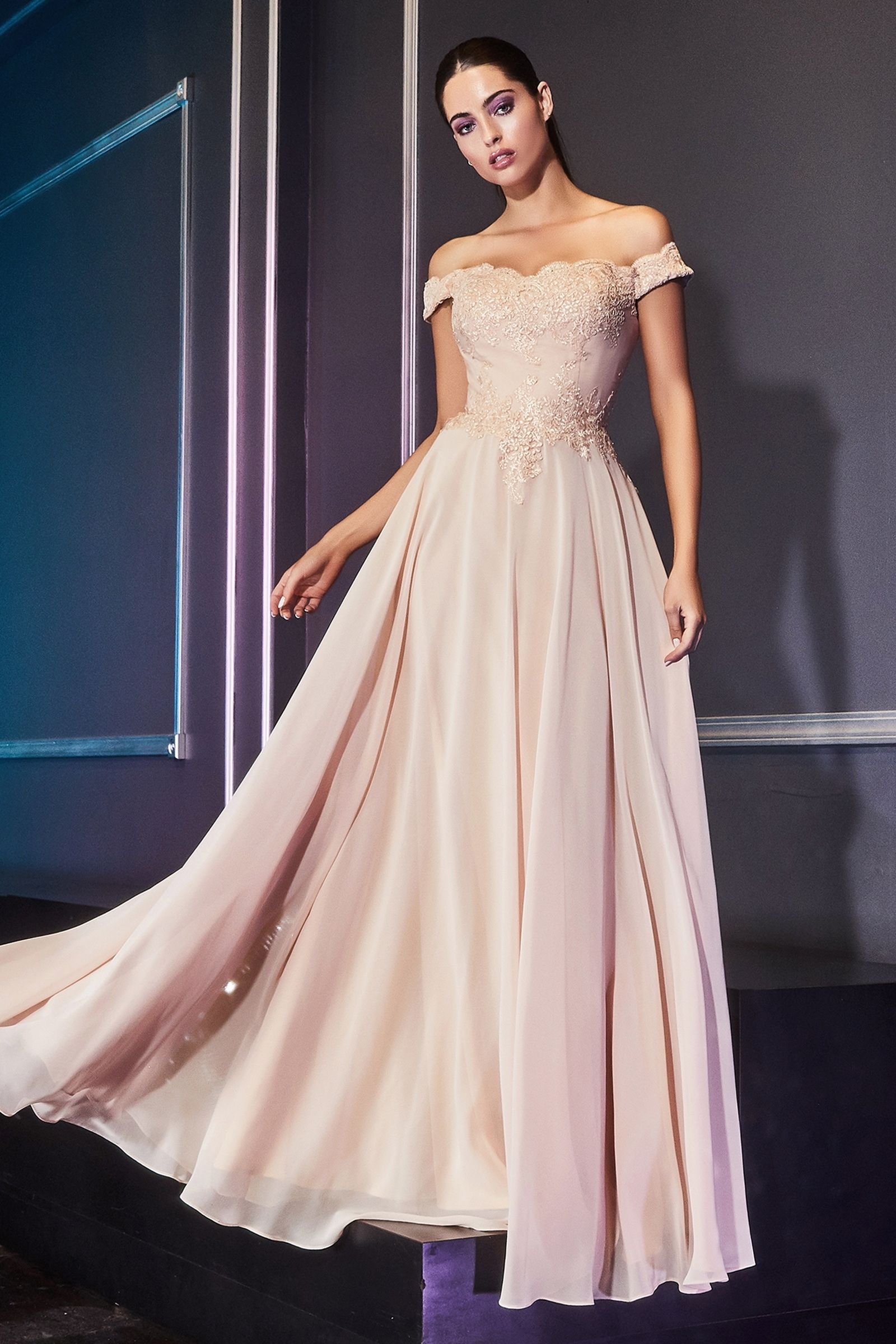 Off The Shoulder Lace Bodice Gown With Flowy Chiffon Bottom And Leg Slit In Lining.-3