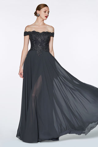 Off The Shoulder Lace Bodice Gown With Flowy Chiffon Bottom And Leg Slit In Lining.-4