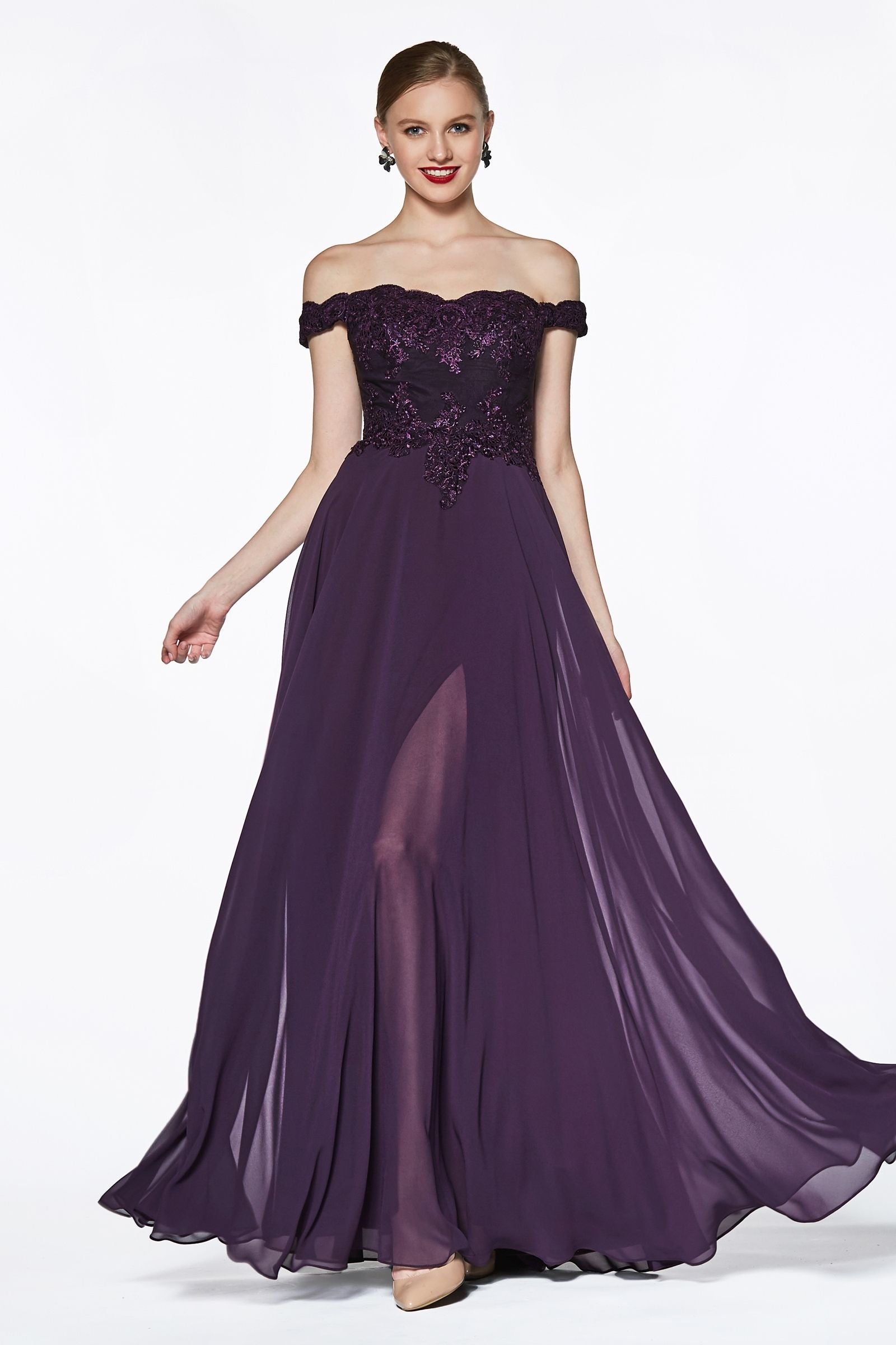 Off The Shoulder Lace Bodice Gown With Flowy Chiffon Bottom And Leg Slit In Lining.-6