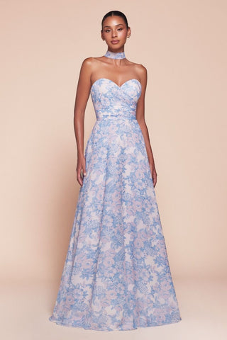 Strapless A-Line Floral Satin Dress-0