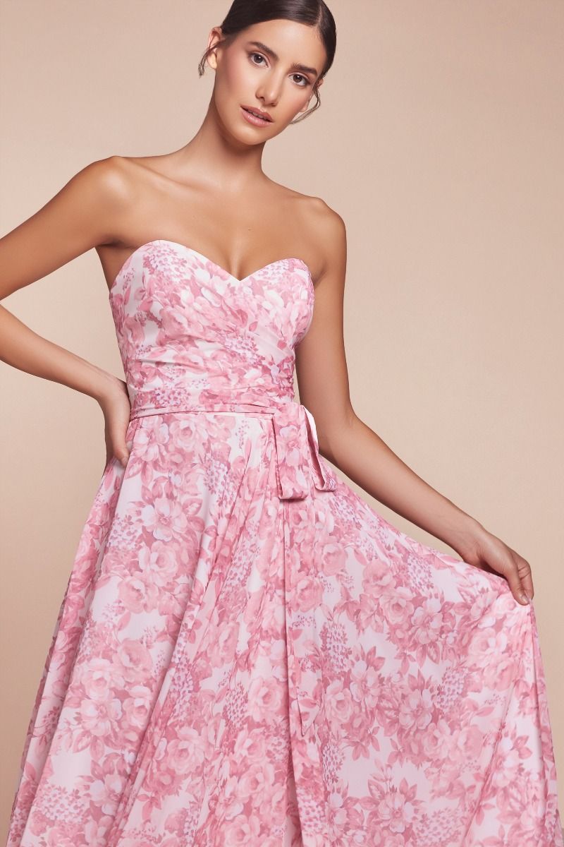 Strapless A-Line Floral Satin Dress-3