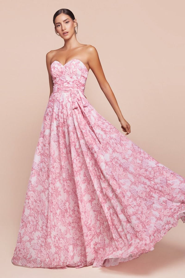 Strapless A-Line Floral Satin Dress-1