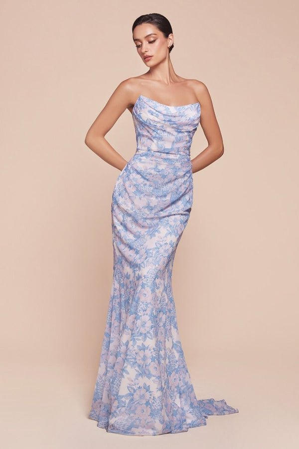 Strapless Floral Printed Soft Satin Dress-0