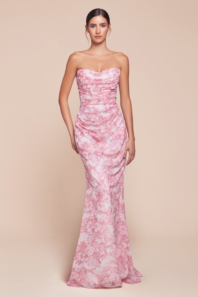 Strapless Floral Printed Soft Satin Dress-1