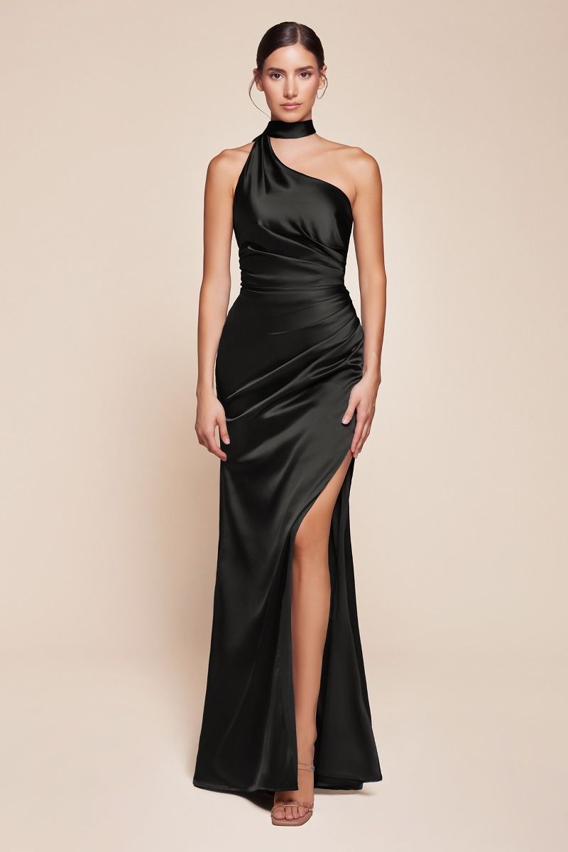 One Shoulder Luxe Satin Fitted Gown-0