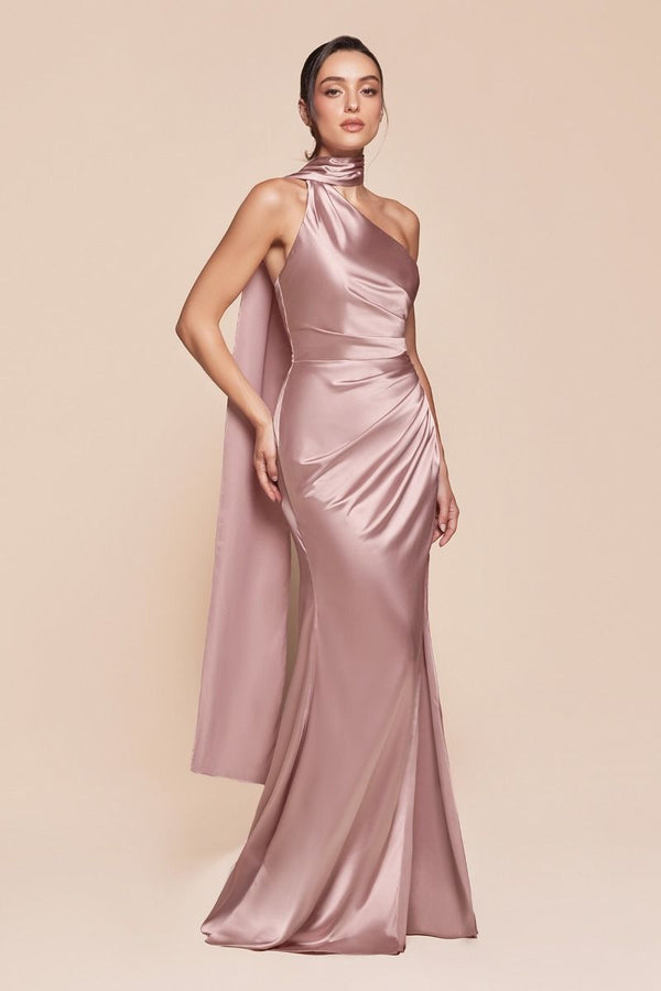 One Shoulder Luxe Satin Fitted Gown-5