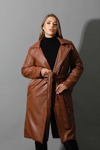 Leather Long Coat - Brown-1