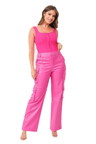 Molly Women's Genuine Leather Straight Leg Cargo Pants Pink-0