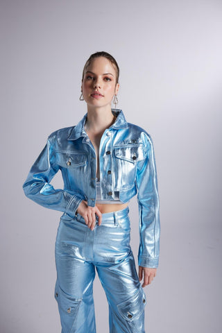 Metallic Blue Glossy Millen Cropped Jacket-3