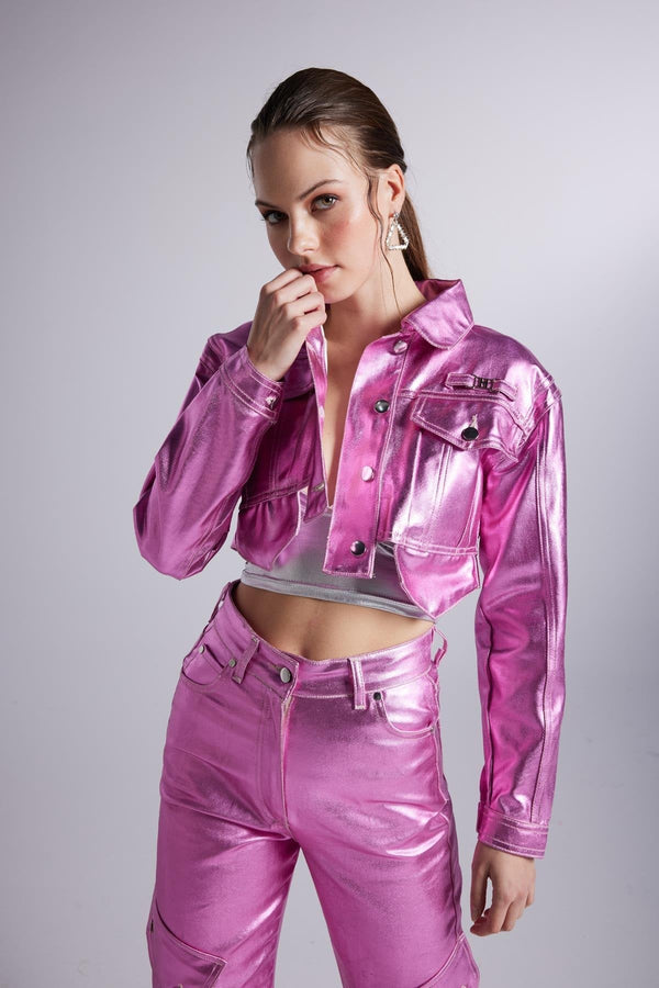 Metallic Pink Glossy Millen Cropped Jacket-0