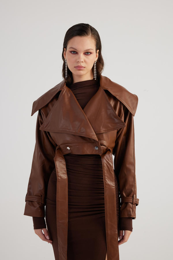 Neeko Chocolate Faux Leather Cropped Jacket-0