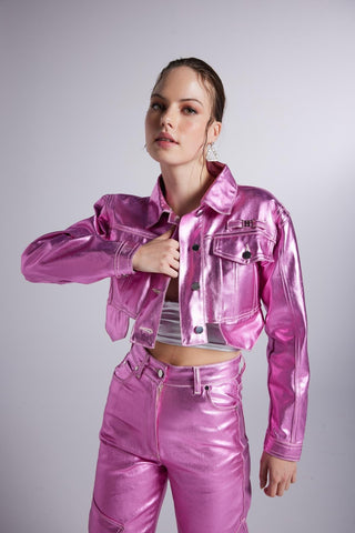 Metallic Pink Glossy Millen Cropped Jacket-2