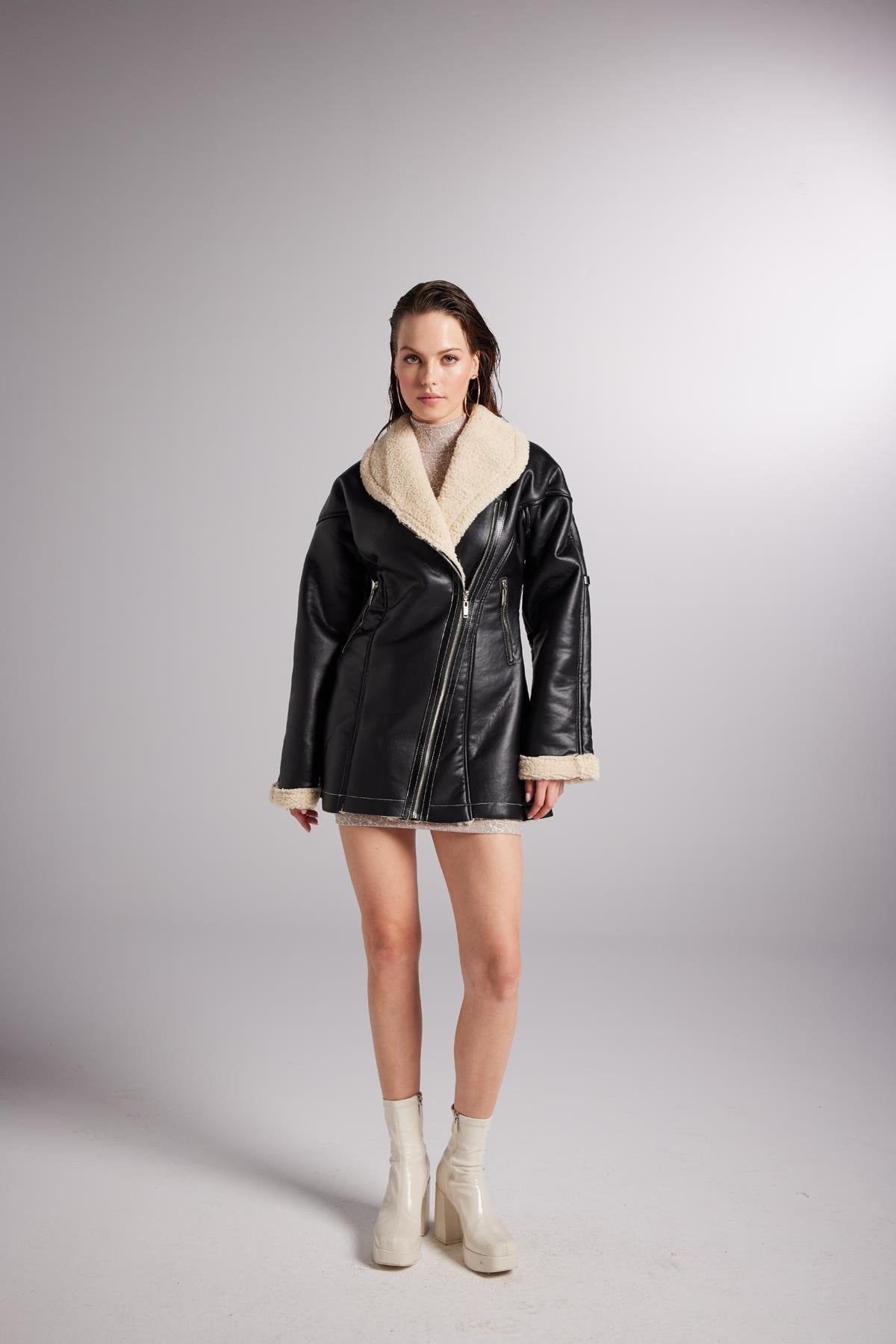 Monero Black Vegan Faux Leather Coat with Fur Lining-4