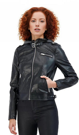 Alana Womens Leather Jacket with Hoody-0