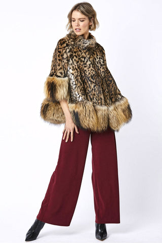 Amelia Animal Print Mocha Fox Fur Cape Coat-1