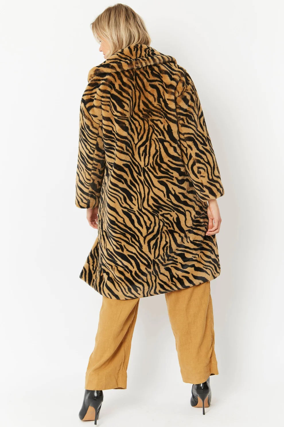 Animal Print Faux Fur Midi Shaved Shearling Coat-2