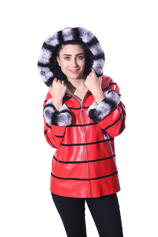 Anna Womens Real Rex Fur Leather Jacket with Hood-0