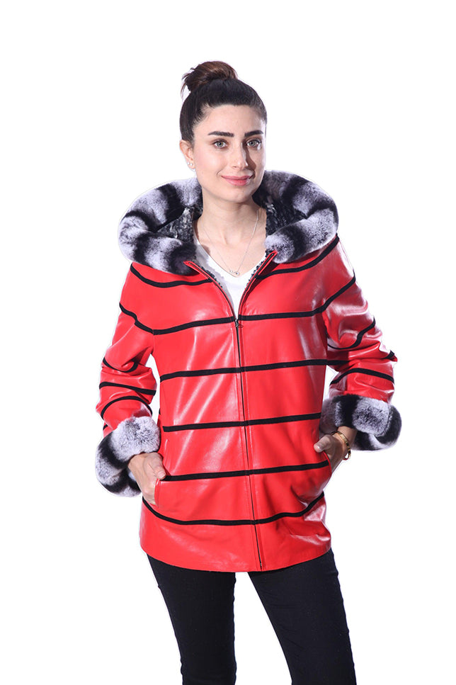 Anna Womens Real Rex Fur Leather Jacket with Hood-1