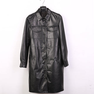 Athena Matrix Womens Black Full Long Leather Coat with Buttons-0