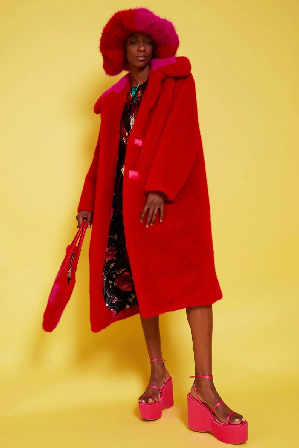 Bamboo Faux Fur Red Midi Coat with Pink Collar-2