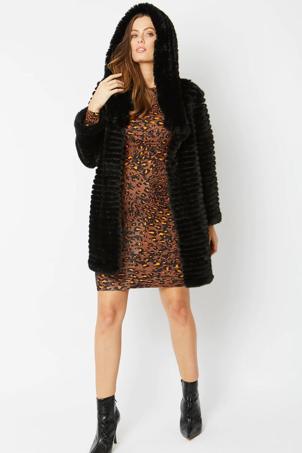 Black Faux Mink Fur Hooded Coat-1