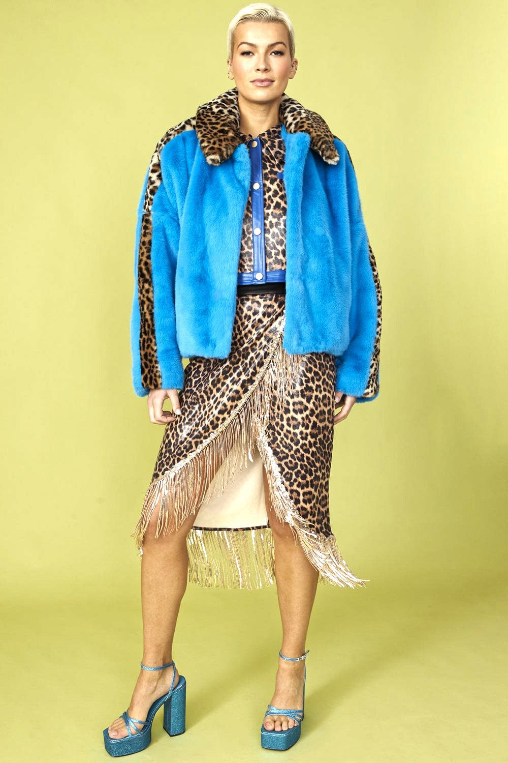 Blue and Leopard Print Faux Fur Coat-2