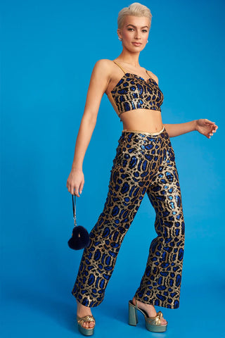 Blue Bamboo Animal Print Sequin Trousers-1