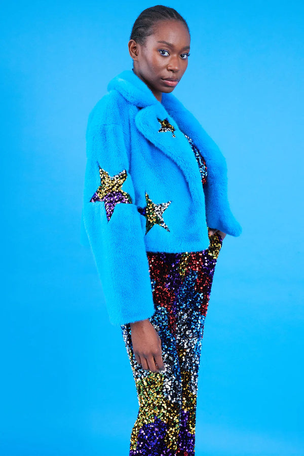 Blue Bamboo Faux Fur Sequins Star Jacket-1