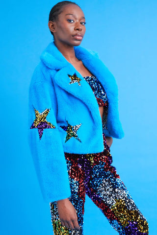 Blue Bamboo Faux Fur Sequins Star Jacket-0