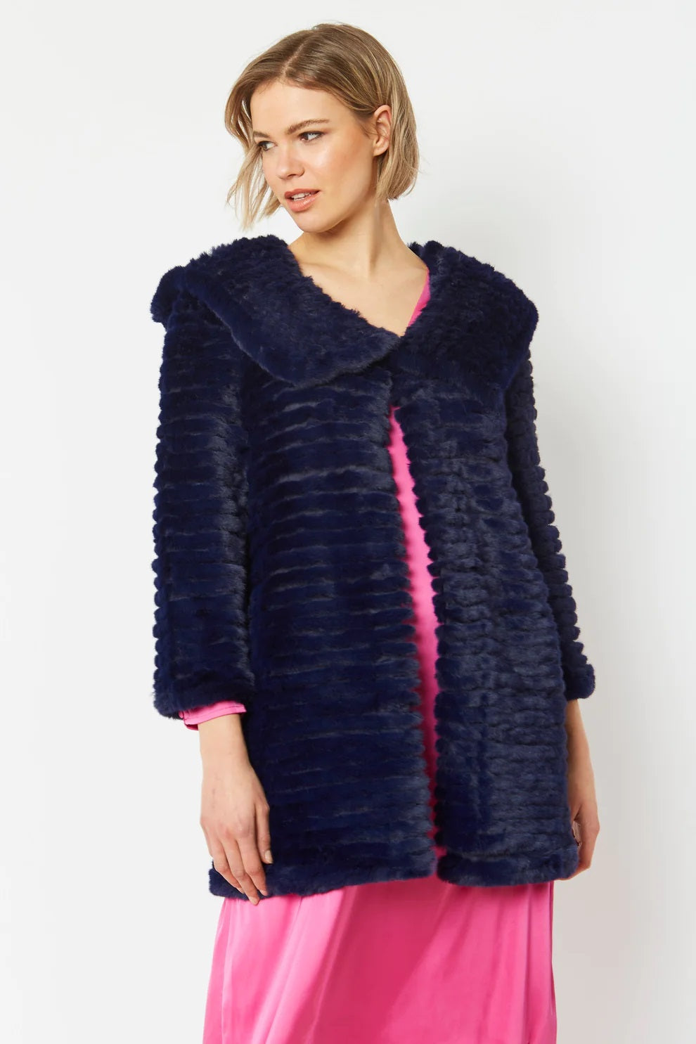 Blue Faux Mink Fur Hooded Coat-1