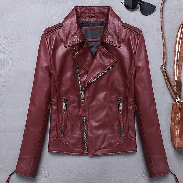 Candy Women Lambskin Genuine Leather Slim Short Motorcycle Biker Jacket-3