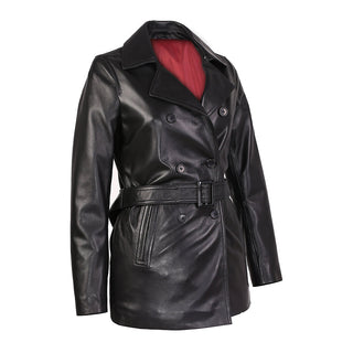 Carissa Womens Black Belted 3/4 Long Leather Coat-1