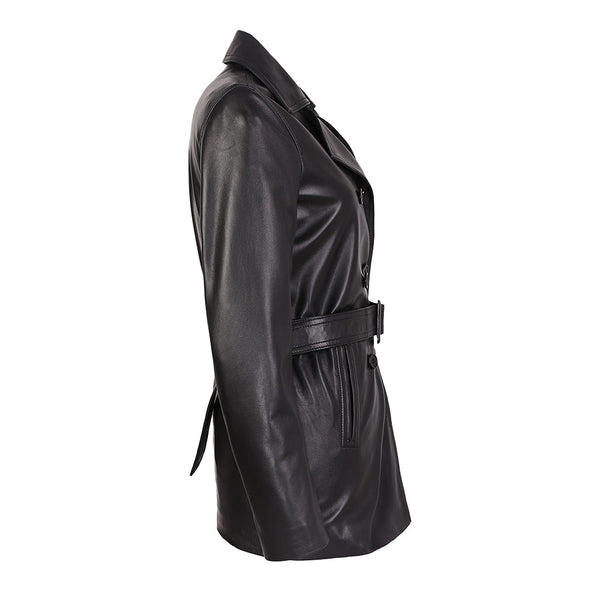 Carissa Womens Black Belted 3/4 Long Leather Coat-2