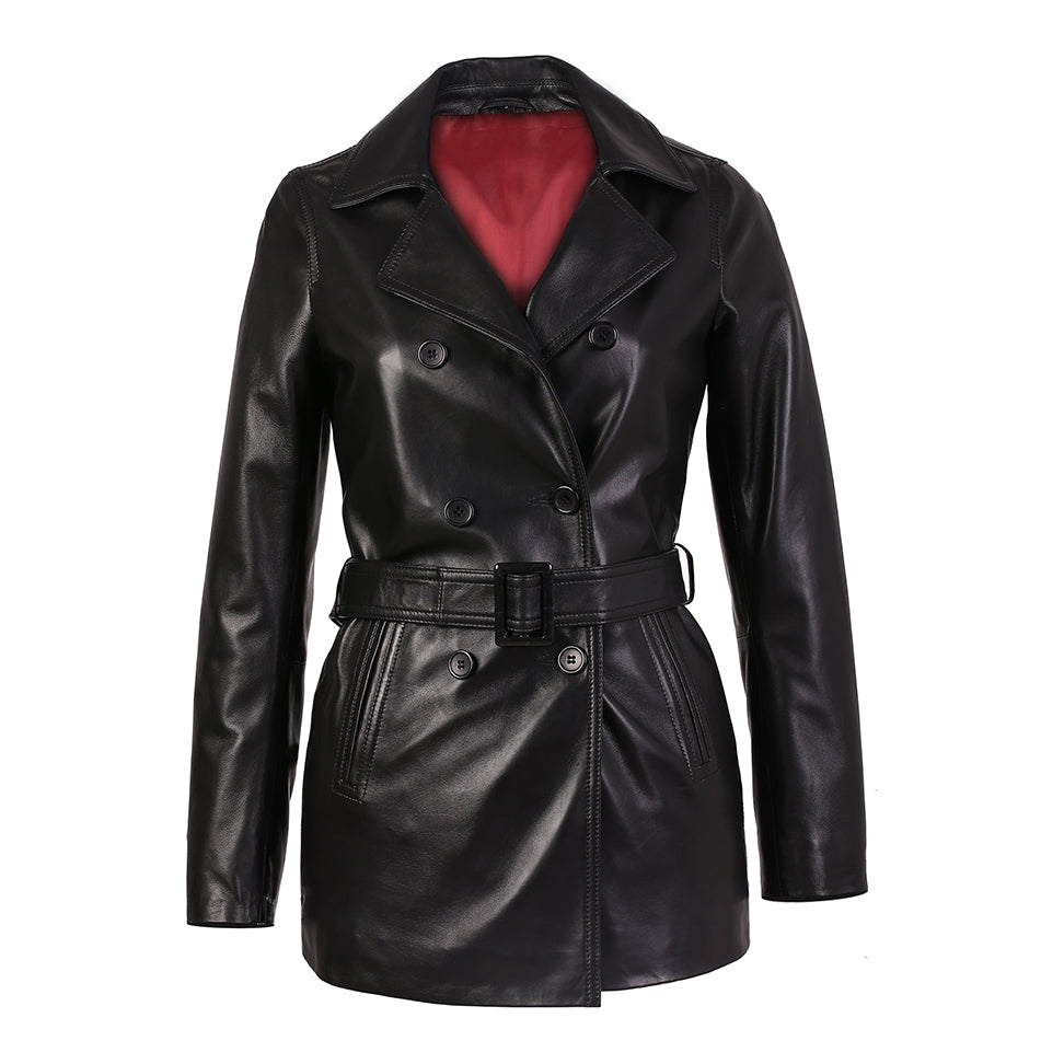 Carissa Womens Black Belted 3/4 Long Leather Coat-0