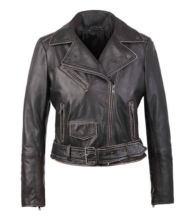 Carla Womens Distressed Short Biker Leather Jacket-0