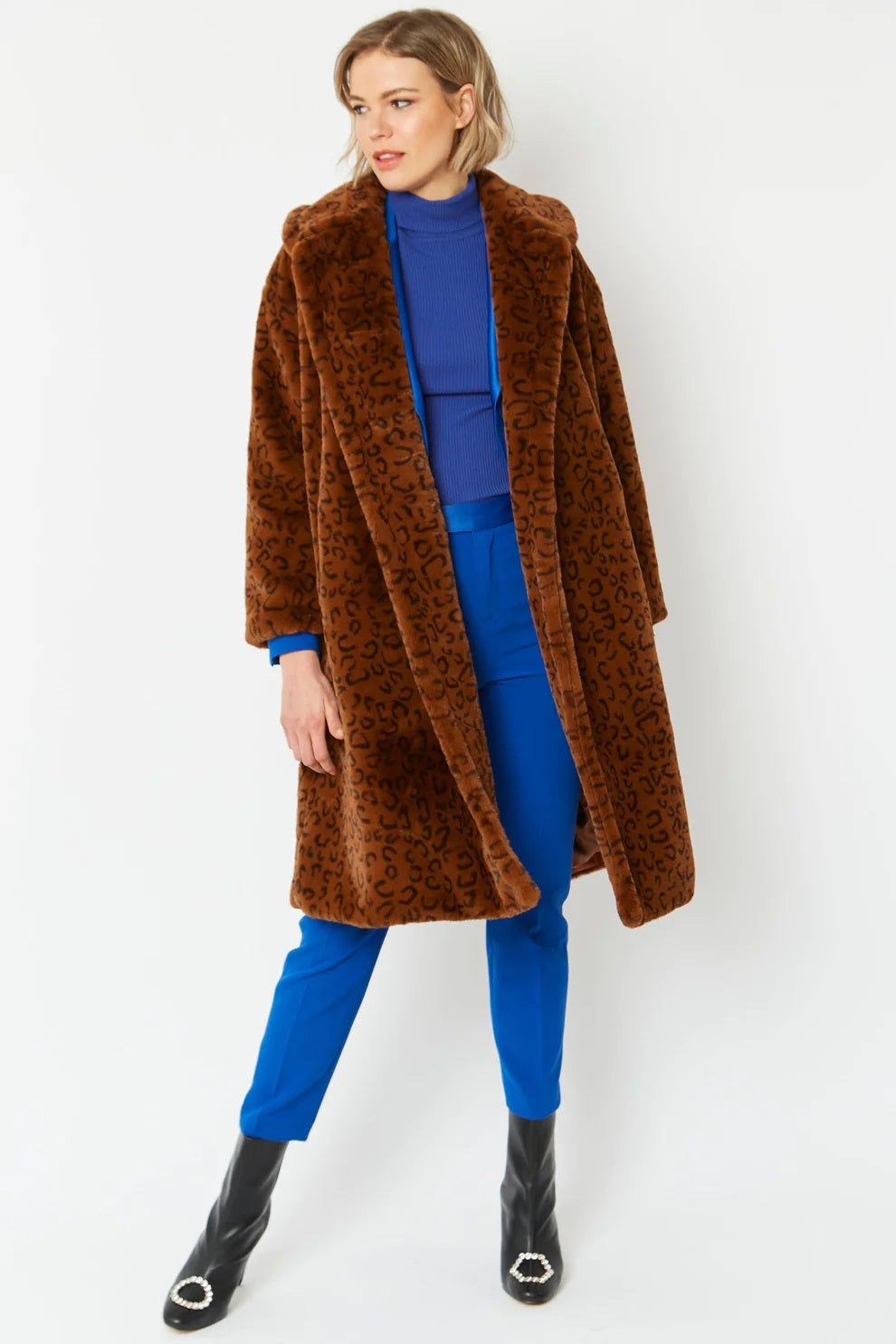 Chocolate Faux Fur Midi Shaved Shearling Coat-1