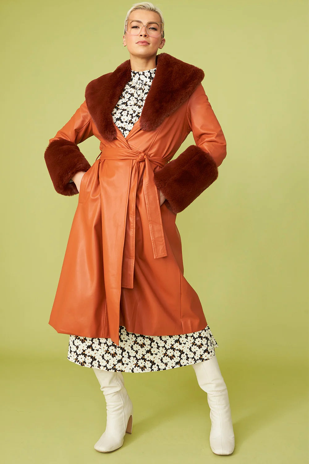 Chocolate Faux Leather Trench Coat with Faux Fur Collar and Cuffs-0