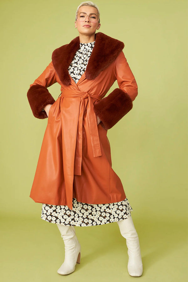 Chocolate Faux Leather Trench Coat with Faux Fur Collar and Cuffs-0