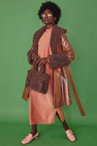 Chocolate Faux Leather Trench Coat with Faux Shearling Collar and Cuffs-0