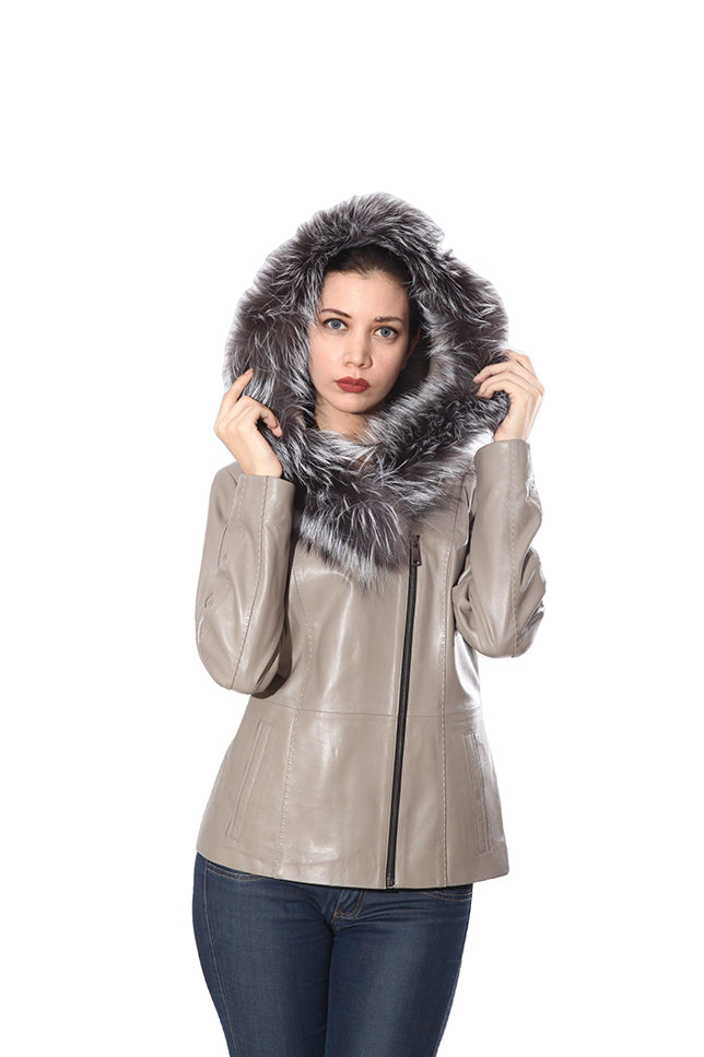 Cidra Womens Real Silver Fox Fur Hooded Leather Jacket-5