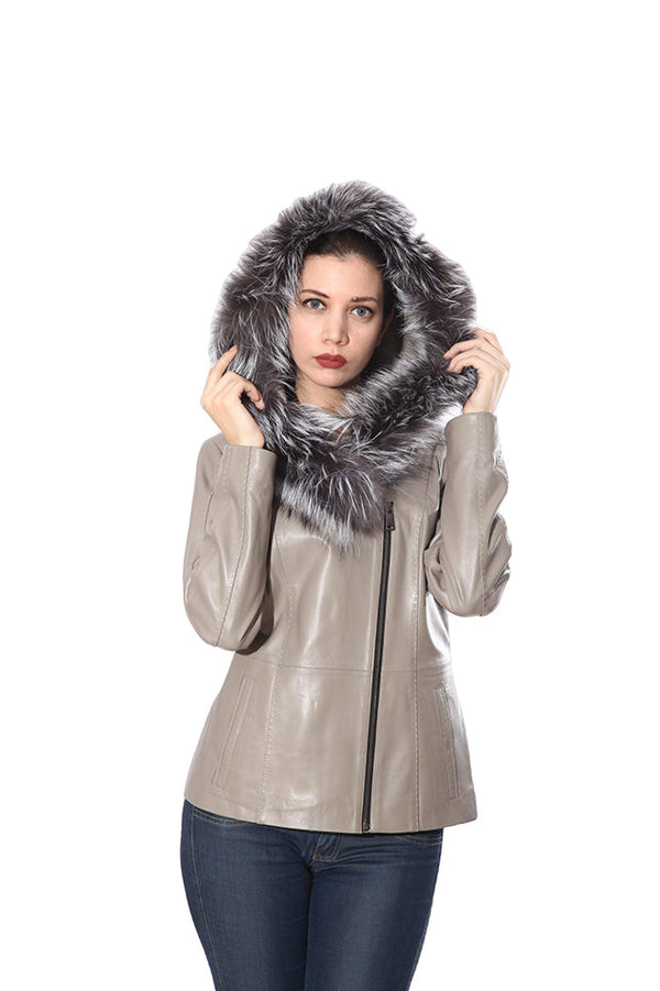 Cidra Womens Real Silver Fox Fur Hooded Leather Jacket-5