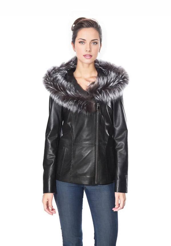 Cidra Womens Real Silver Fox Fur Hooded Leather Jacket-1