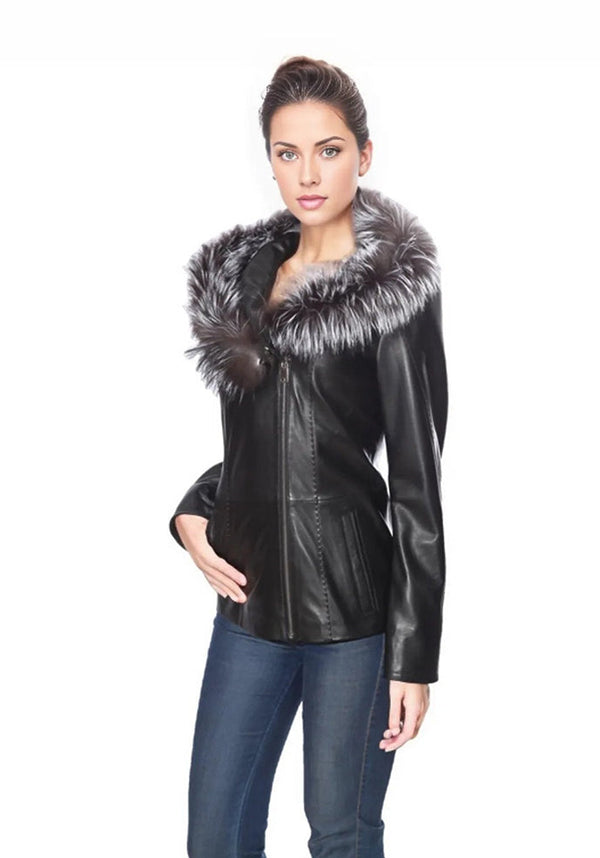 Cidra Womens Real Silver Fox Fur Hooded Leather Jacket-2