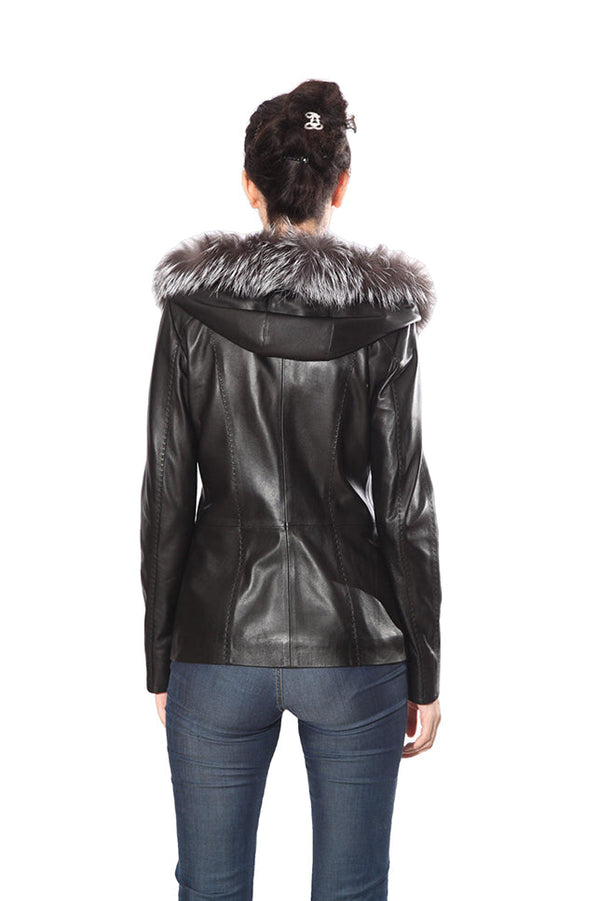 Cidra Womens Real Silver Fox Fur Hooded Leather Jacket-3