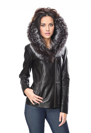 Cidra Womens Real Silver Fox Fur Hooded Leather Jacket-0