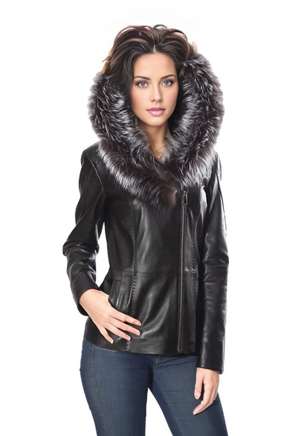 Cidra Womens Real Silver Fox Fur Hooded Leather Jacket-0