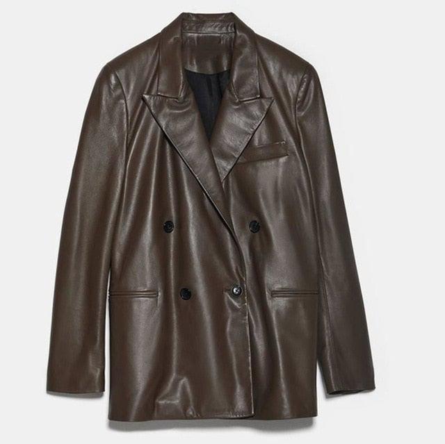 Coena Vintage Brown Double Breasted Leather Coat-1