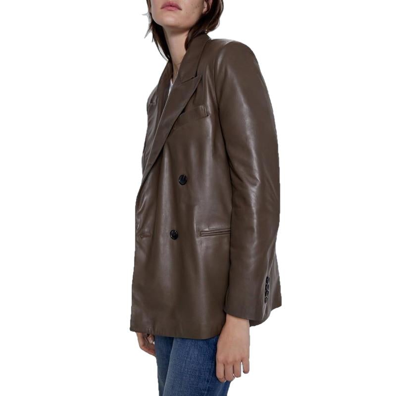 Coena Vintage Brown Double Breasted Leather Coat-3